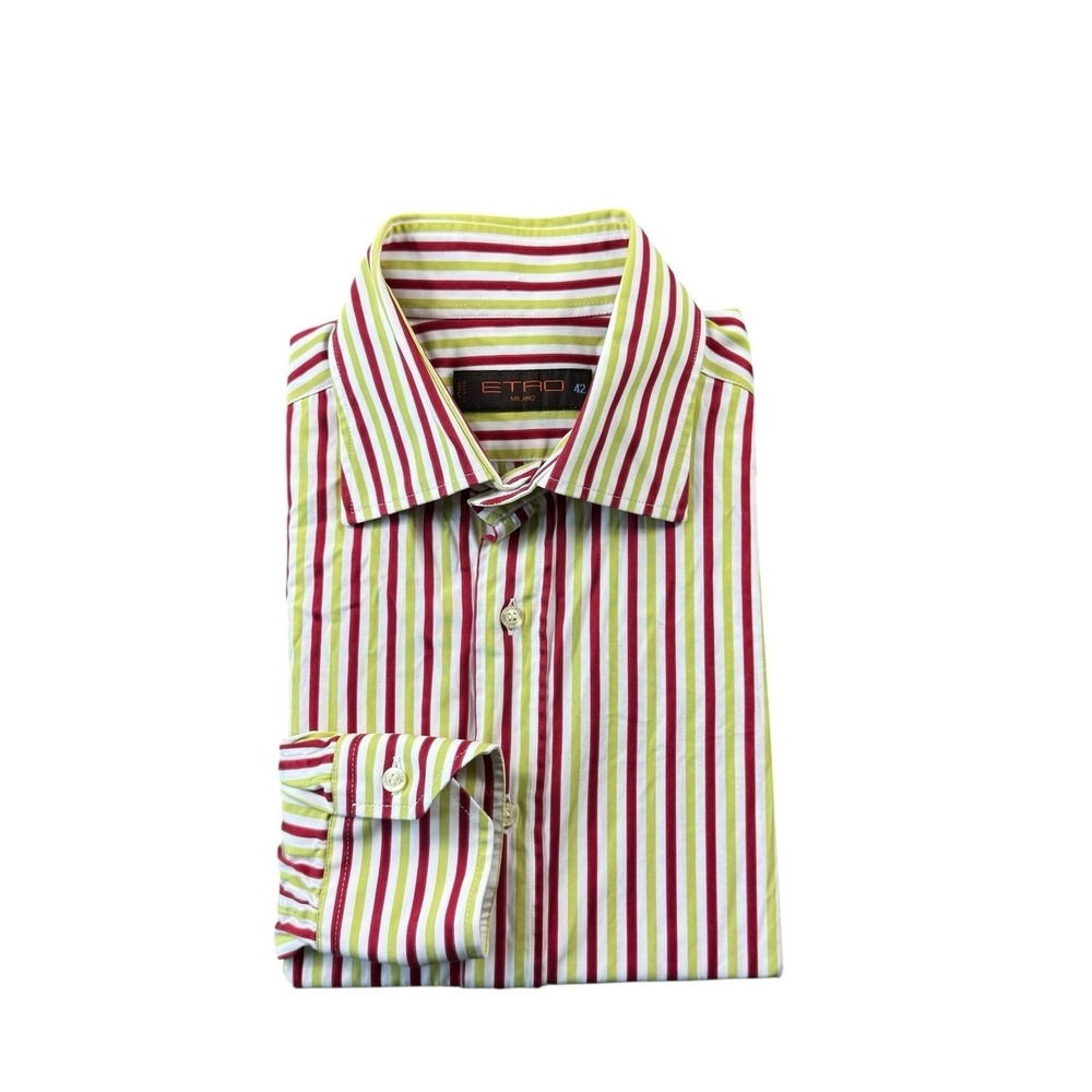 Etro Milano Mens Green Red Striped Cotton Long Sleeve Button Front Shirt Size 42